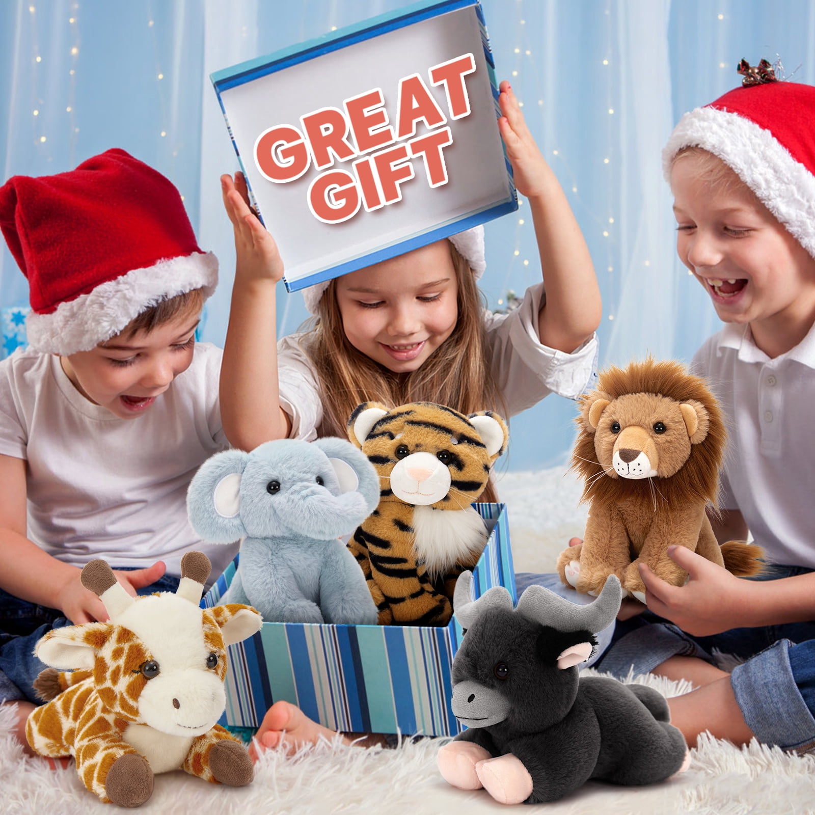 Muiteiur 5 Pieces Safari Stuffed Animals Jungle Animals Set Plush Toy(Giraffe/Tiger/Lion/Elephant/Cow)
