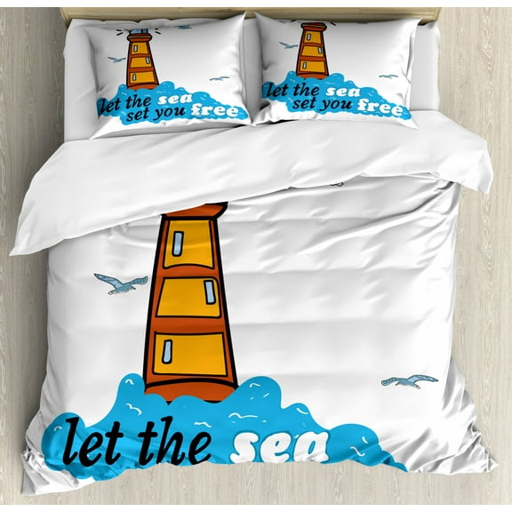 Beach Saying Duvet Cover Set Queen Size, Let the Sea Set You Free Written on Blue Waves and a Lighthouse Nautical Theme, Decorative 3 Piece Bedding Set with 2 Pillow Shams, Multicolor, by Ambesonne