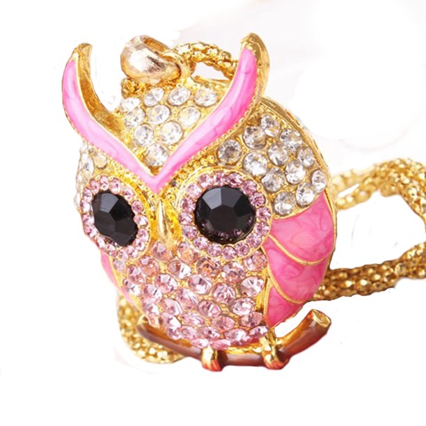 Large Crystal Owl Necklace Pink Color AntiTarnish Jewelry Woman Owl