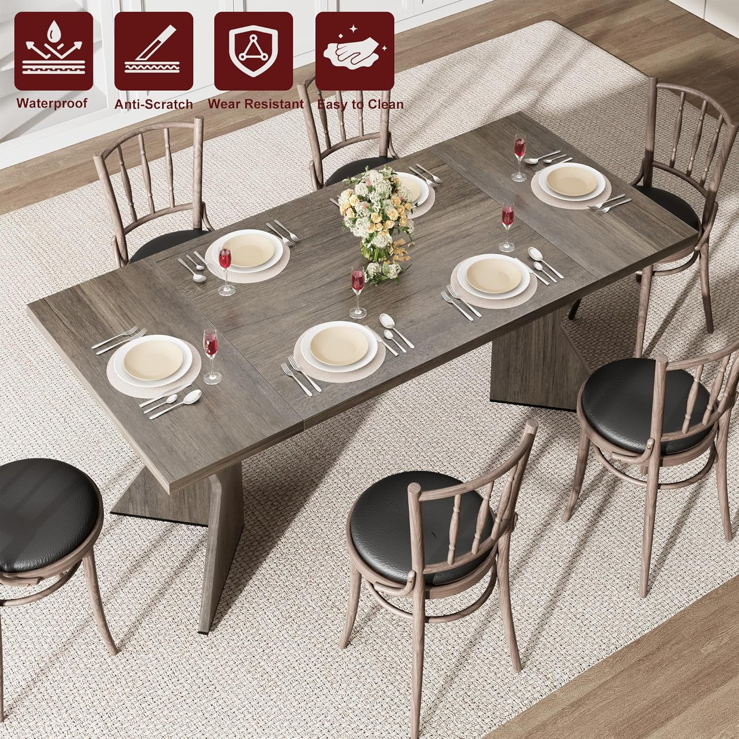 M optimized Dining Room Table for 6 People, 71" Rectangular Kitchen Table with Sturdy Frame, Thickened Long Tabledesk and Dinner Desk for Party, Big Family, V-Shape Leg