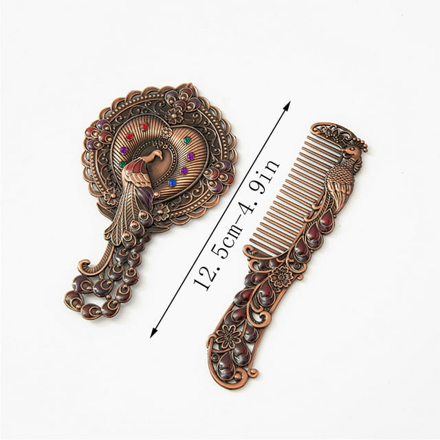 fheaev Hand Mirror Retro Hand Mirror Peacock Flower Pattern Decorative Hand Mirror Metal Vanity Mirror Comb Set