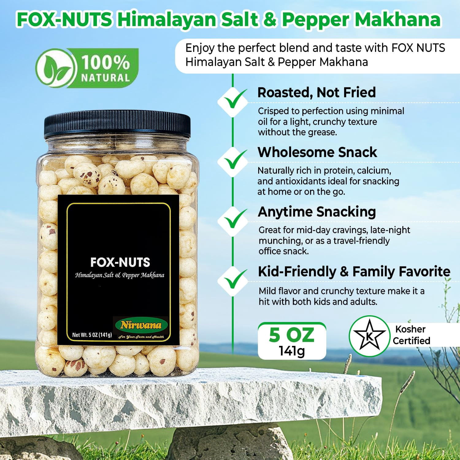 Roasted Fox Nuts Makhana Snack Lightly Salted Plant-Based Protein Low Calorie Himalayan Salt & Pepper 5oz
