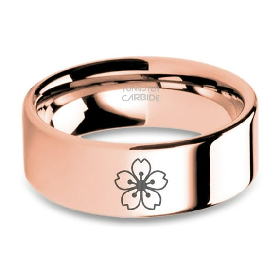 Sakura Cherry Blossom Flower Rose Gold Tungsten Ring, Polished, 8mm, Size 15