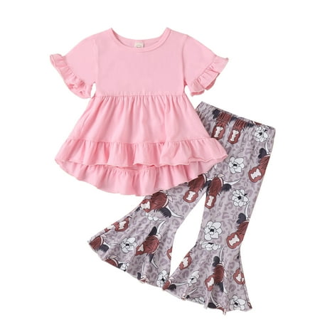 

Bagilaanoe 2Pcs Toddler Baby Girl Long Pants Set Short Sleeve A-line Dress Tops + Print Flare Trousers 9M 12M 2T 3T 4T 5T Kids Casual Outfits