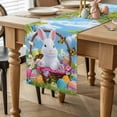 thumbnail image 2 of Easter Cartoon Bunny Table Runner 60 Inches Long for Kitchen Dining, Colorful Eggs Spring Leaves Blue Sky Butterfly Dresser Scarf Farmhouse, Dining Table Decorations for Wedding/Parties, 13 x 60 In, 2 of 8