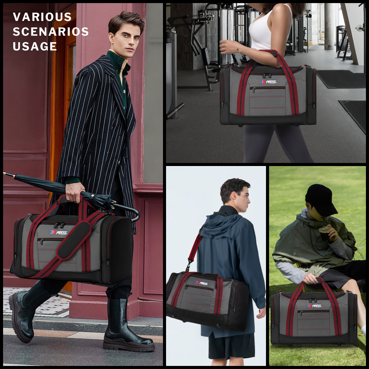20" Travel Duffel Bag 45L Lightweight Foldable Sports Gym Bag Adjustable Strap Tear-Resistant Weekender Overnight Bag, Red(LX298)