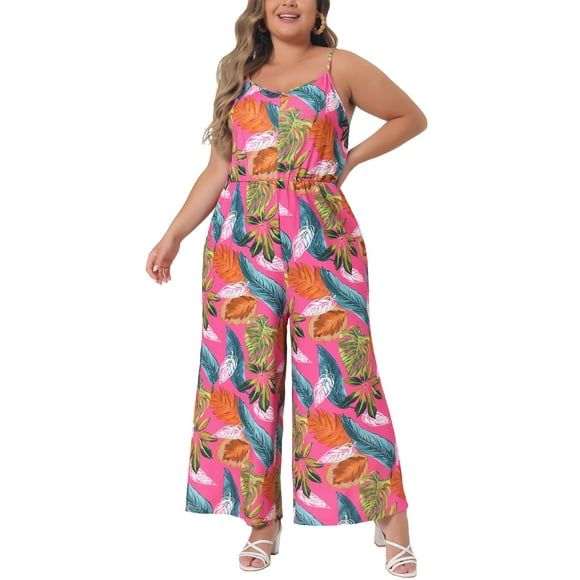 Mono de tirantes ajustables sin mangas para mujeres de talla grande CURVY GLAM, con pantalones largos elásticos, 3X, color rosa intenso
