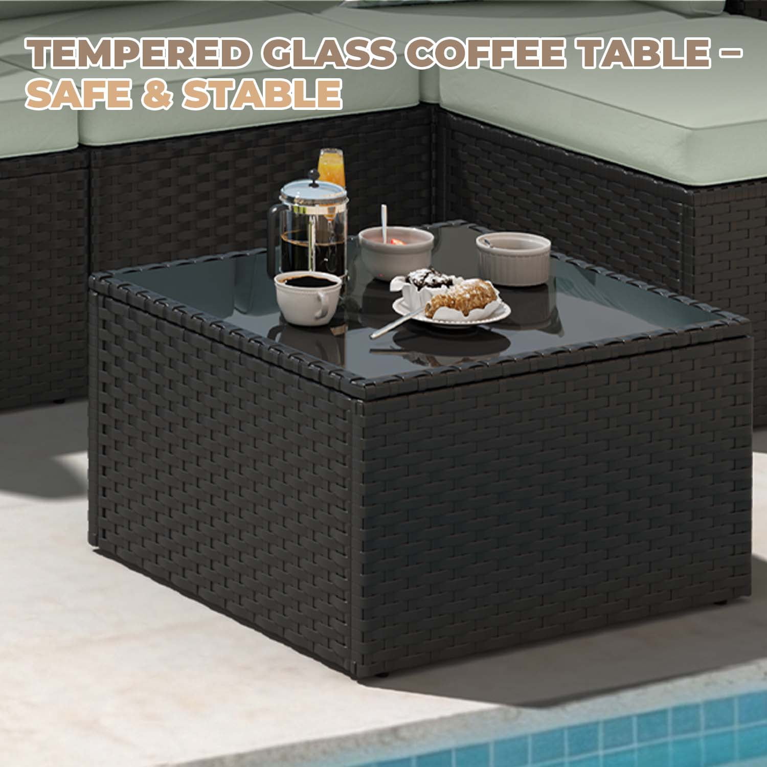 BaPiPro Modular Outdoor Wicker Patio Furniture Set with Tempered Glass Coffee Table & Removable All-Weather Cushions for Backyard, Poolside & Balcony Light Green