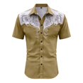 thumbnail image 4 of Western Embroidered Print Button Up Shirts for Men Short Sleeve Western Theme Breathable Blend Tee Alternative Khaki XXL, 4 of 4