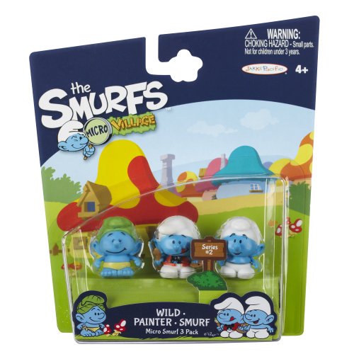 pitufos 2 micro figura 3 pack: pitufo salvaje, pintor y estándar — empaque frontal con tres figuras azules multi en blíster; vista centrada de las figuras de pie, cada una con un punto de articulación, el pintor muestra detalle de paleta impresa, fondo ilustrado de Micro Village; suele usarse como pieza de coleccionables o para complementar una Microaldea.