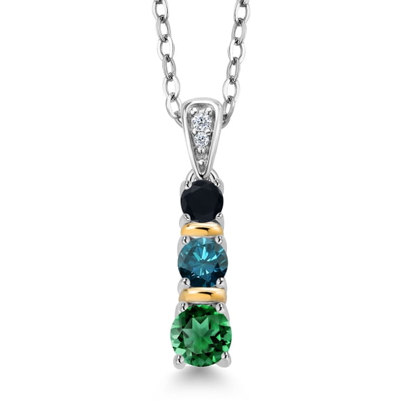Gem Stone King 925 Silver and 10K Yellow Gold Round Green Nano Emerald Blue Diamond and Black Onyx Pendant Necklace for Women (0.55 Cttw, Gemstone May Birthstone, with 18 inch Chain)