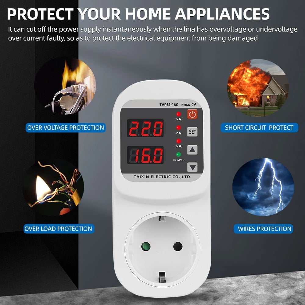 Over Voltage Current Under Voltage Protector Socket AC 220V 110V Adjustable 16A Surge Protector EU Plug Socket Safe Protect