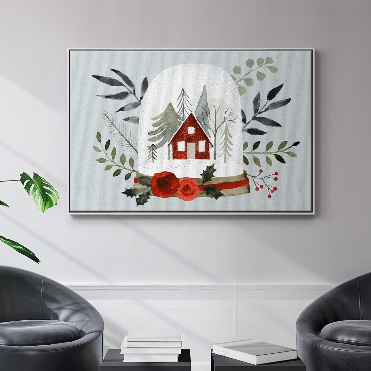 Snow Globe Village Collection A - Framed Gallery Wrapped Holiday Canvas - 27 x 41 - White Frame