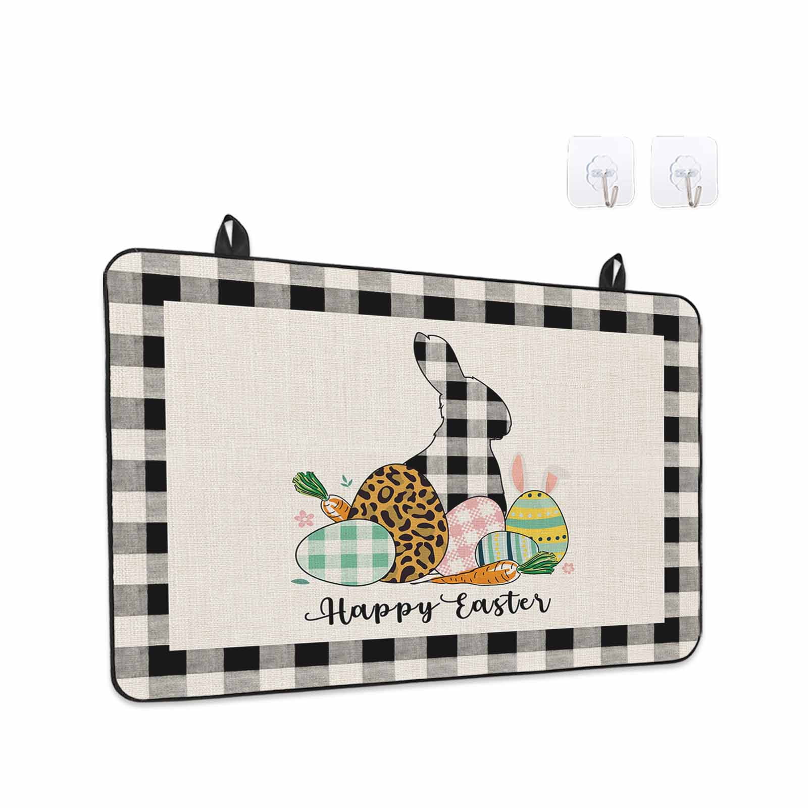Happy Easter Bunny Stove Top Cover for Electric Stove, Heat-proof & Non Slip Glass Top Stove Cover Protector, Floral Eggs Black White Buffalo Kitchen Flat Cooktop Rubber Mat 24x21 Inches