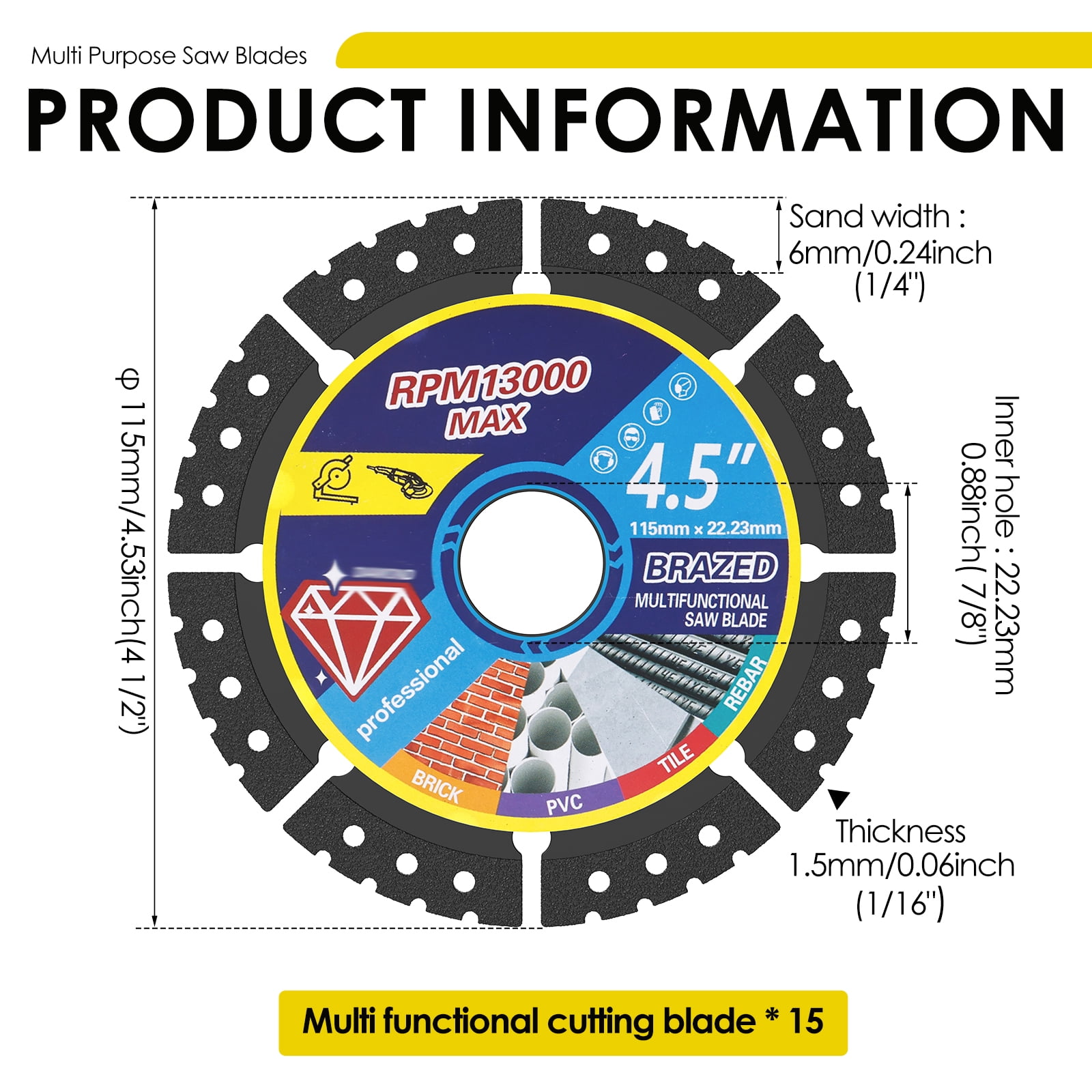 TMWEFUSC 15 Pcs Diamond Multi Purpose Saw Blade 4.5" Diamond Saw Blade Versatile Cutting Disc for Cutting Marble Quartz Stone Tile Metal Plastic