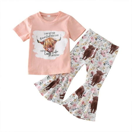 

Toddler Girls Outfits Short Sleeves Kids Cow Head Top Prints Set Bell Bottom Pants Flared Set Clothes for Girls Size 4-5T
