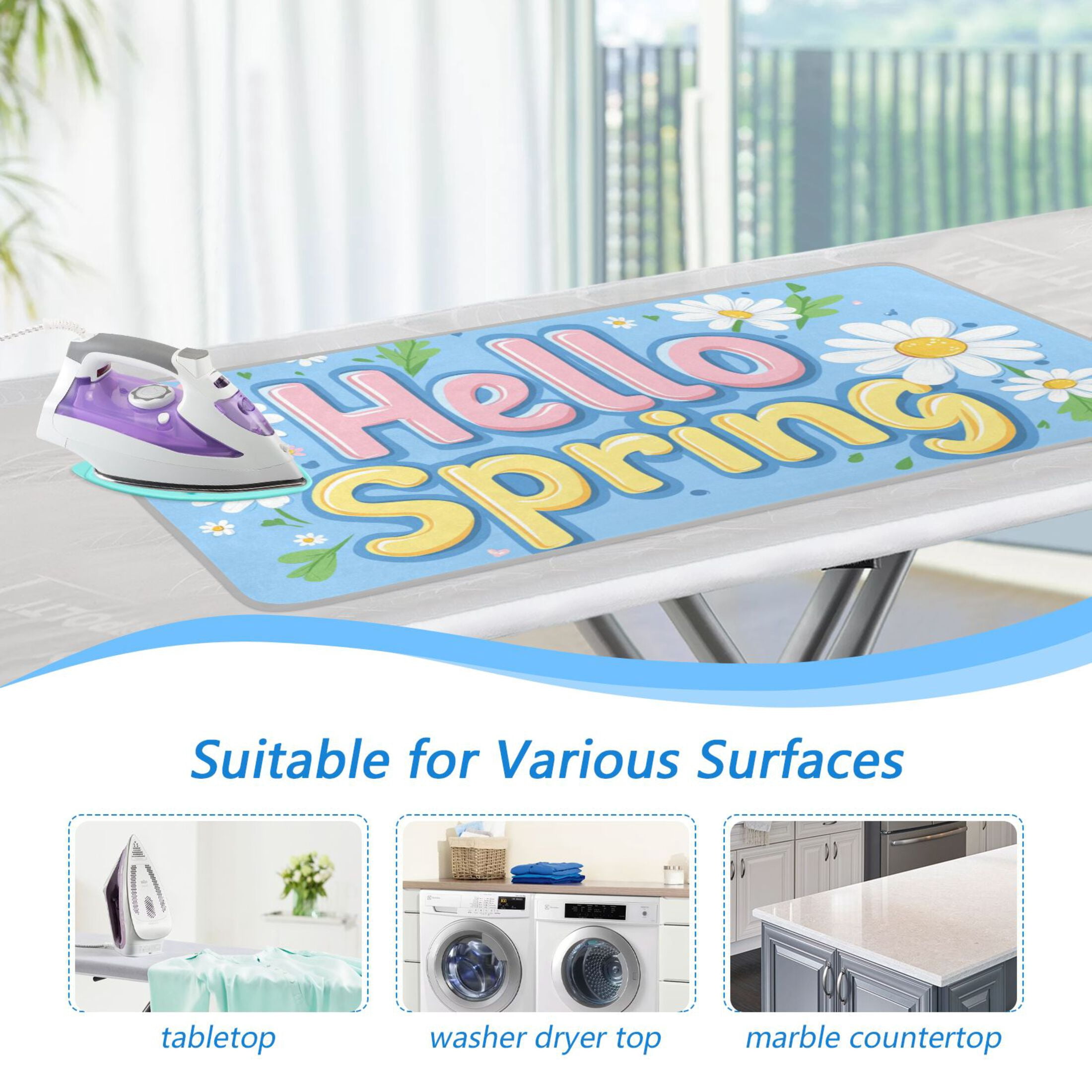 Flowers Leaves Hello Spring Ironing Mat Blanket Portable Travel Ironing Pad Heat Resistant Pad 47.2" x 27.6”