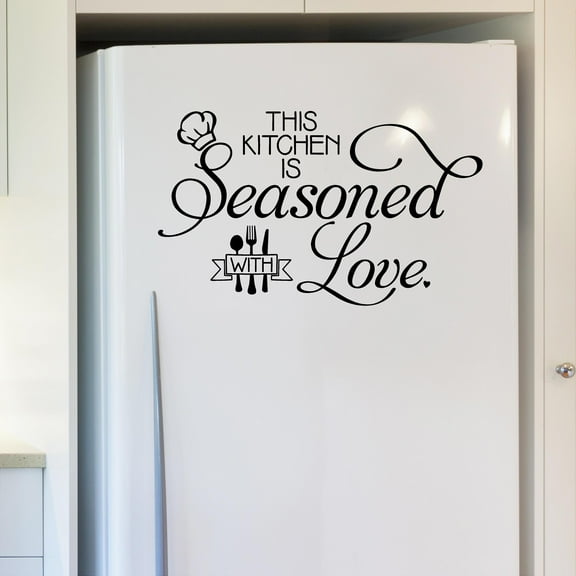 This Kitchen Is Seasoned with Love with knife Fork and Spoon Vinyl Lettering Wall Decal Sticker Kitchen Decals Size: 12.5"H x 21"L - Color: Black