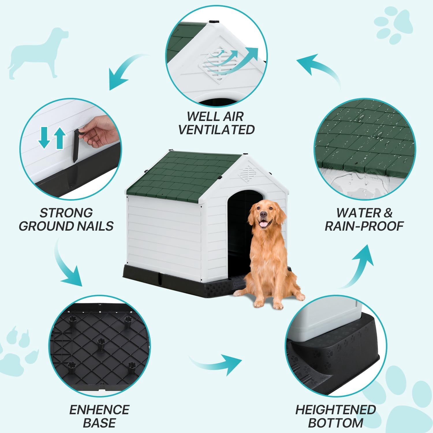 XF XINFENG Large Dog House Plastic Indoor Outdoor Waterproof Dog Kennel with Air Vents Elevated Floor( Green, 41''L*37.4''W*39''H)