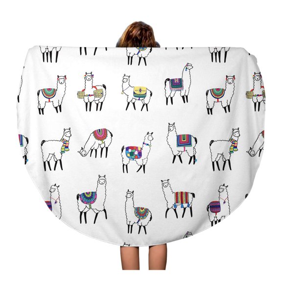 SIDONKU 60 inch Round Beach Towel Blanket Llama Lama Pattern Doodle Child Peru Alpaca Abstract Travel Circle Circular Towels Mat Tapestry Beach Throw