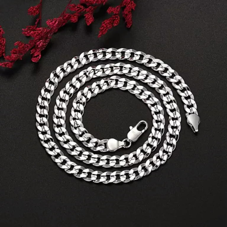 QQTDFG 925 Sterling Silver 7mm Sideways Men's Chain Necklace