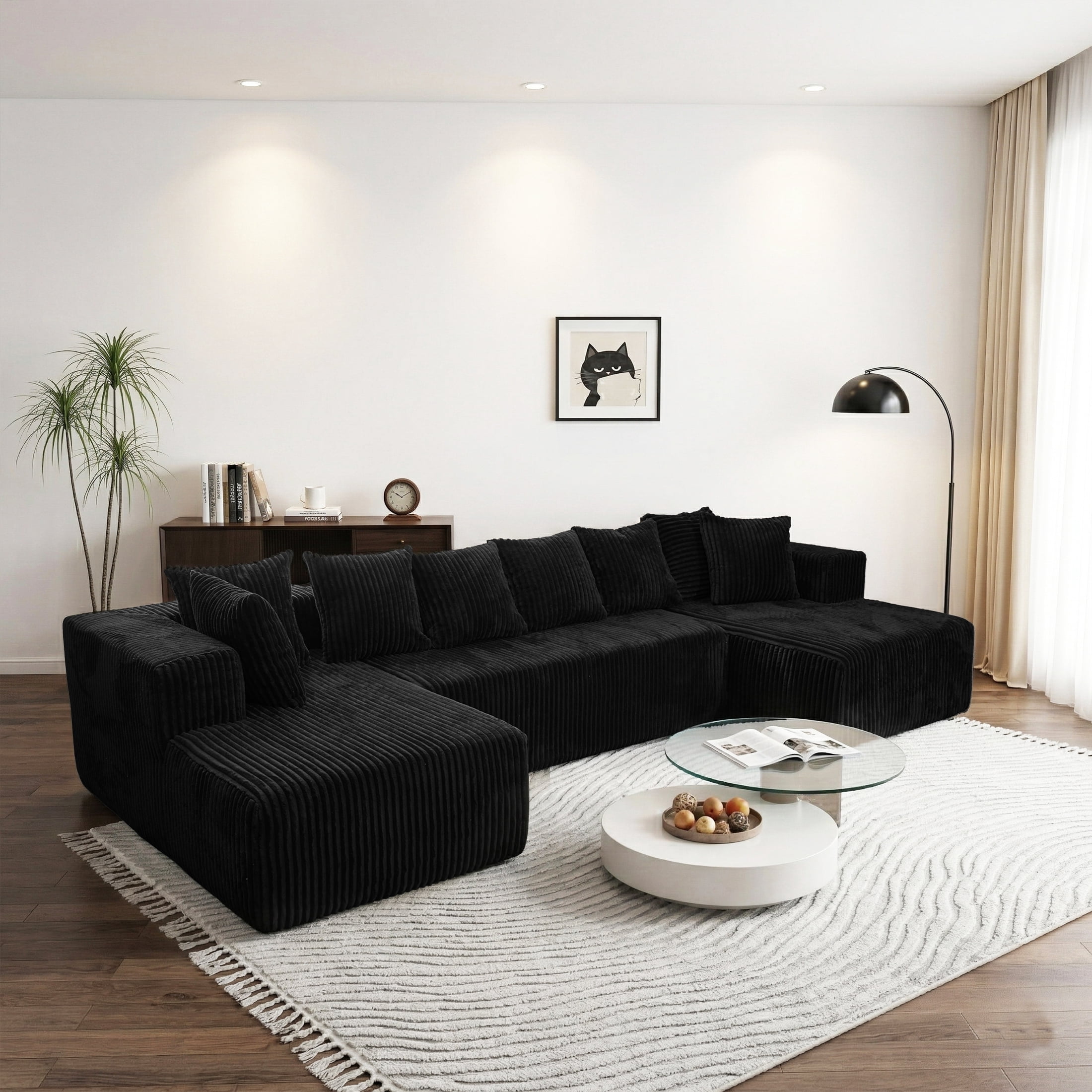 SEENYOO 130" Boneless Sectional Sofa, Cloud Couches for Living Room, U-Shaped 4-Seat Modular Sofa with Chaise, Oversized, No Assembly, Black