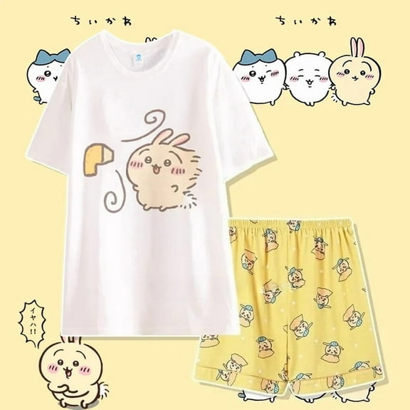 Anime Cartoon Chiikawa Usagi Hachiware Sleepwear Summer New Pure Cotton Short Sleeved Set Fashion Casual Home Wear Gifts