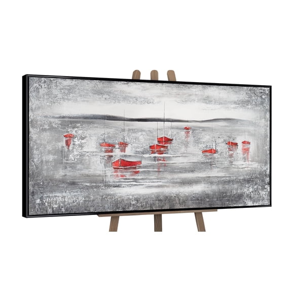 YS-Art Scarlet Pier Hand-Painted Acrylic Wall Art with Black Frame, Modern Textured Canvas Painting for Home, 24x48 in