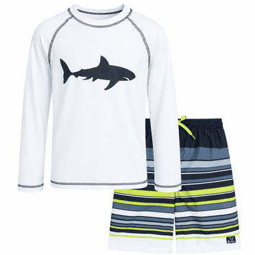 Big Chill Boys Swim Set - Boys Rash Guard Swim Set - UPF 50  Rash Guard Long Sleeve Swim Shirt Board Short Swim Trunks (5-14)