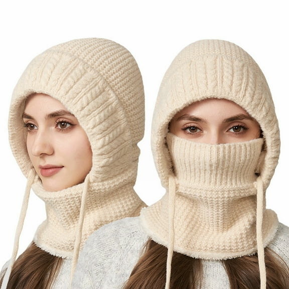 Women's 3-in-1 Ribbed Knit Hat with Integrated Scarf, Winter Face Mask Beanie, Thermal Ear Flap Trapper Cap, Cold Weather Balaclava Style, Unisex Outdoor Winter Gear - Beige