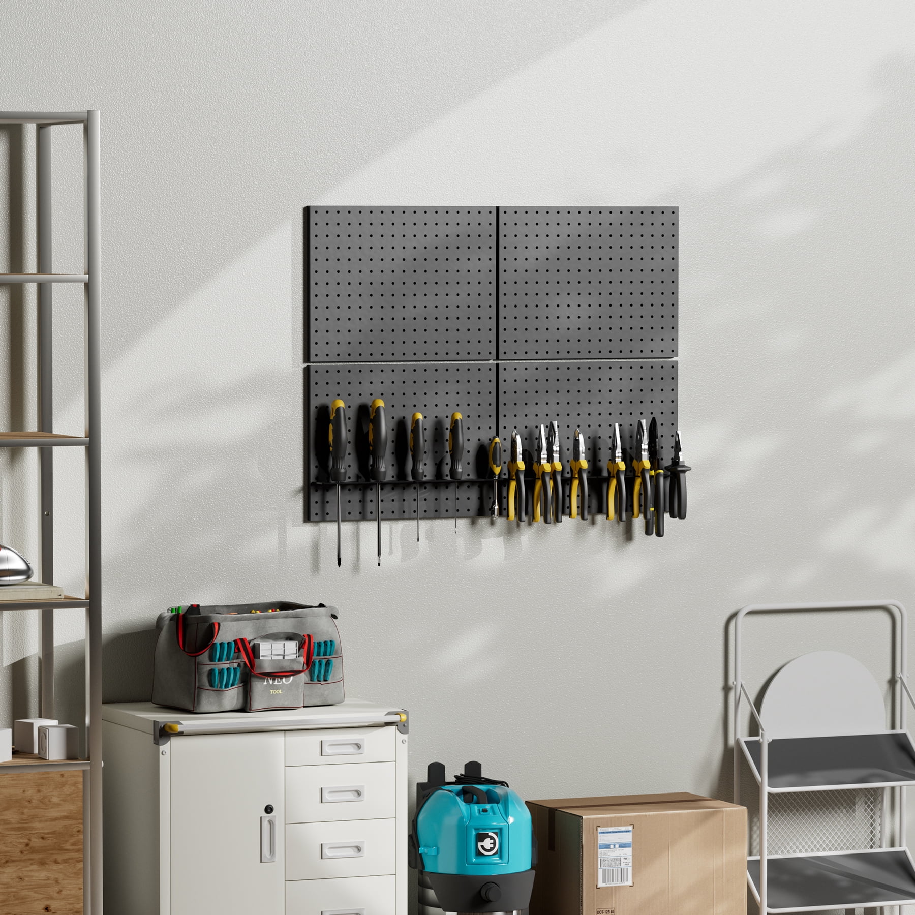 Heavy Duty Metal Pegboard Organizer - Wall Storage Steel Peg Board Panels Set 1/4 inch Round Holes 17"x13" 4 Pack Garage Craft Tool Display Hanging Rack Organization Black Kit with Mounting Hardware