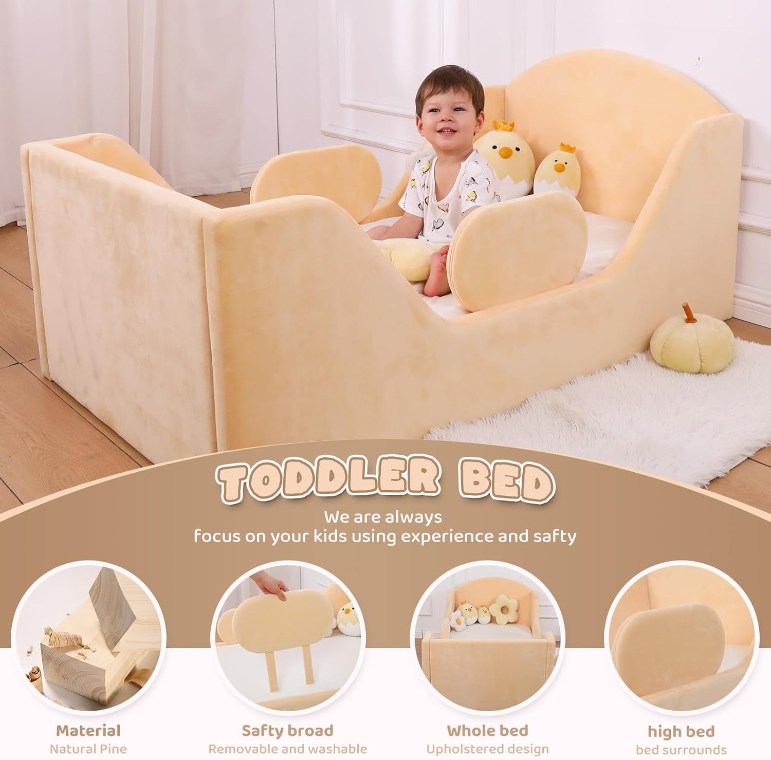 Weeonekids Toddler Bed Round, Toddler Bed with Rail and Round headboard, Standard Crib Size Toddler Upholstered Bed for Children 18 Months to 6 Years,Toddler Floor Bed (No Mattress)