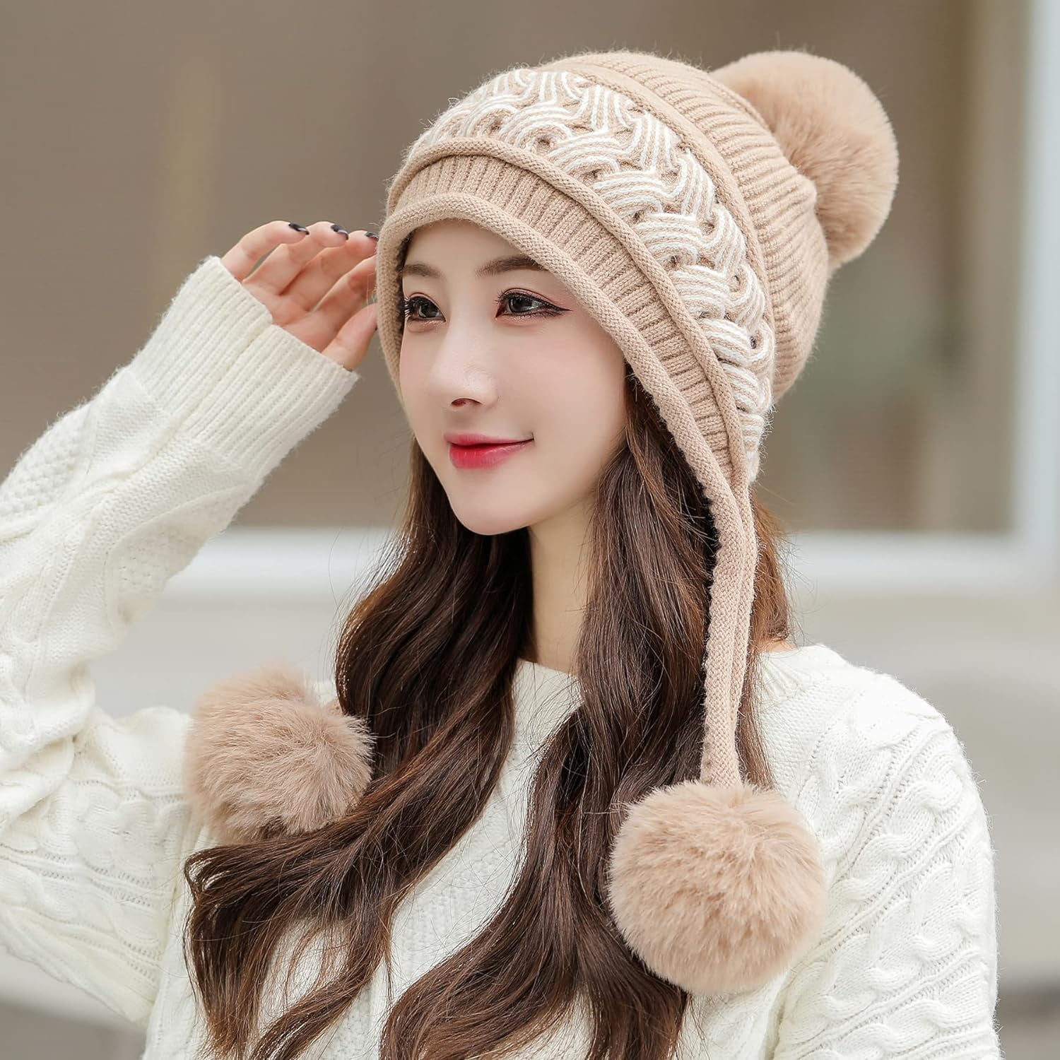 Zhengup Women Winter Peruvian Cover Ears Beanie Hat Ear Flaps Sherpa Ski Snow Hats Knit Fleece Lined 3 Pom Pom