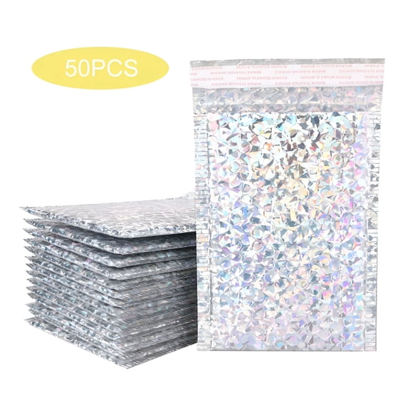 CCOCC 50 Pcs Holographic Bubble Mailers Metallic Padded Envelopes Self Seal Waterproof Shipping Bags Thick Cushioning Mailers for Books Clothes Makeup Jewelry Mother's Day Gift Mailer (6 x 7 Inch)