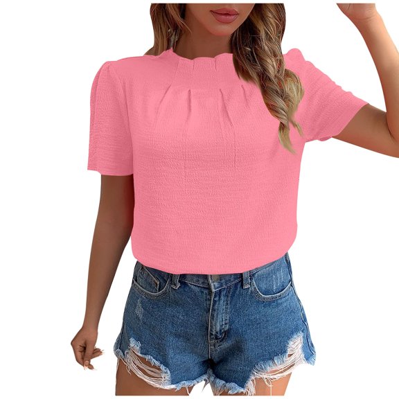 Fengactive Womens Round Neck Pleated Shirts Puff Short Sleeve T-Shirts Dressy Casual Blouses Summer Tops