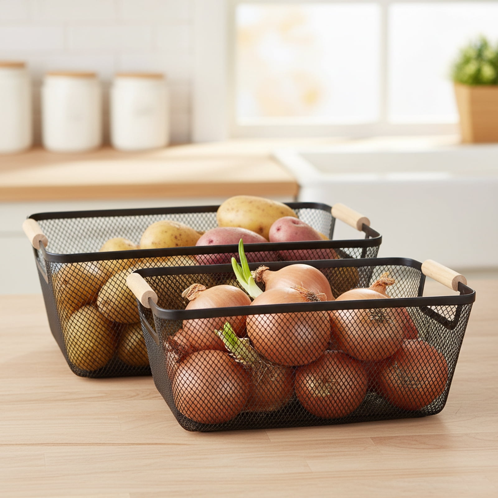 Pethiy 2-Pack Large Capacity Potato Onion Storage Container, Metal Storage Basket with Ventilated Design, Vegetable Storage Organizer Bin - Black