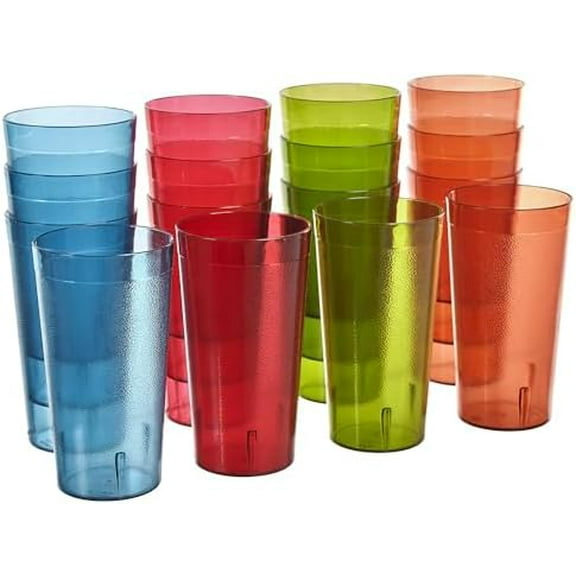 Cafe Plastic Reusable Tumblers (Set of 16) 20-ounce Water Cups Assorted Colors | Restaurant Style Drinking Glasses Value Set, Stackable, BPA-free, Made in the USA | Top-rack Dishwasher Safe