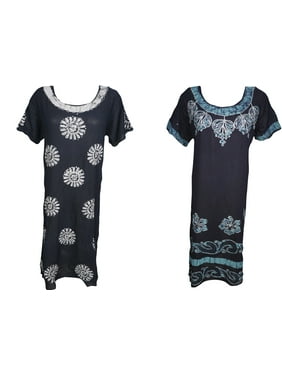 Mogul 2PC Womens Shift Dress Half Sleeves Batik Print Embroidered Loose Fit Summer Fashion Boho Chic Sundress L