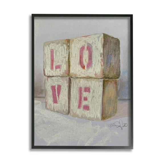 Stupell Industries Love Typography Kids' Building Block Arrangement Inspirational Painting Black Framed Art Print Wall Art, 11 x 14