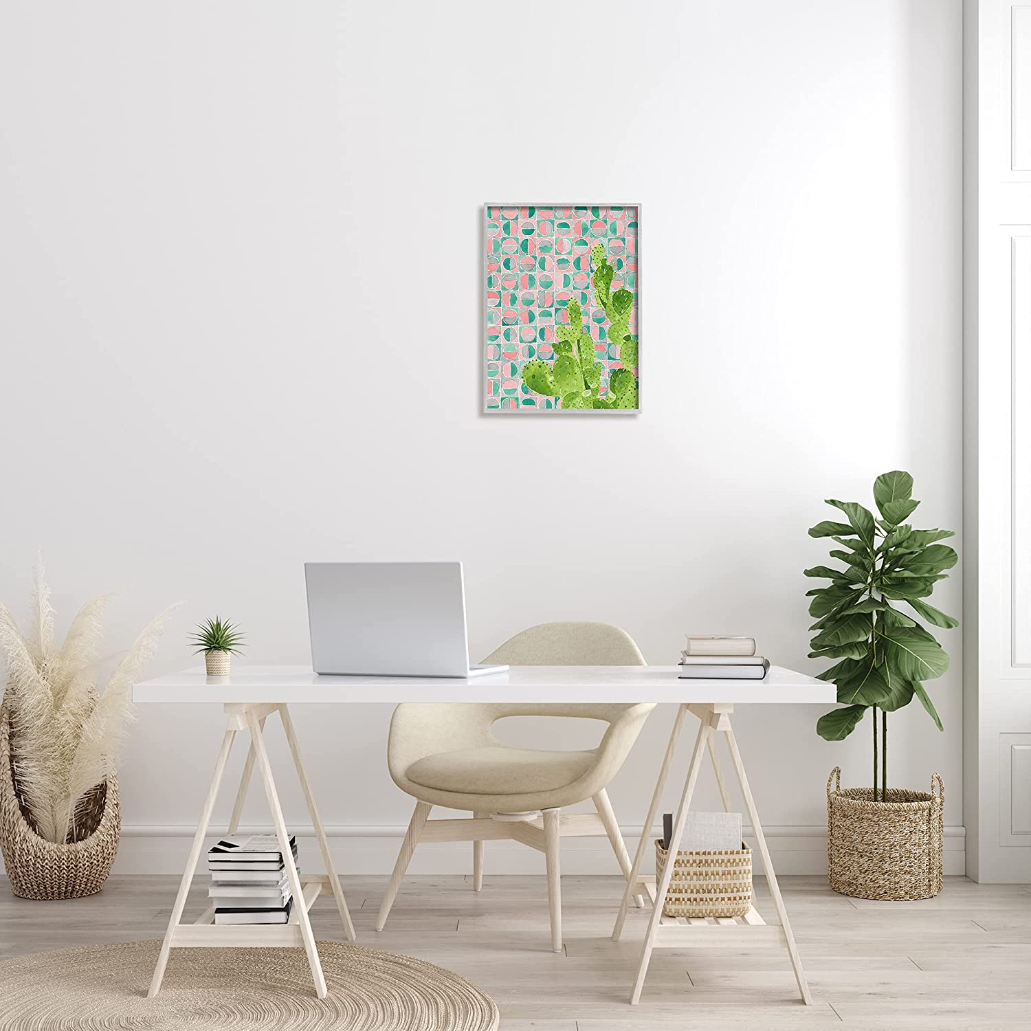 Stupell Industries Prickly Pear Desert Cactus over Geometric Pink Pattern Botanical & Floral Painting Gray Framed Art Print Wall Art, 16 x 20