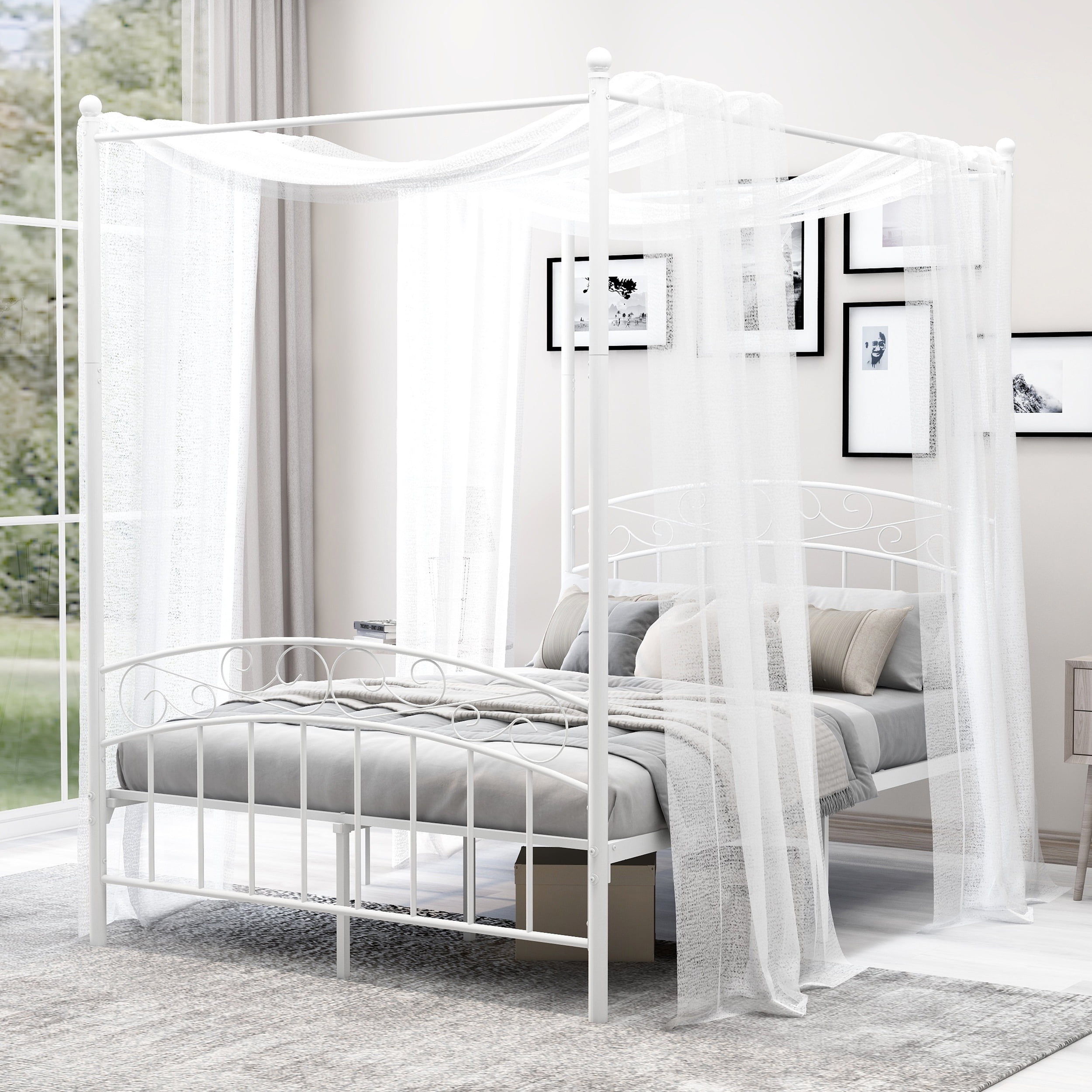 alazyhome Full Size Metal Canopy Bed Frame, Modern Design, White ...