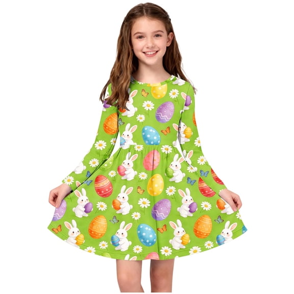 Xdegoge Chic Easter Dress for Kids Girls Bunny Polka Dot Egg Printed Tween Spring Sundress Knee Length A Line Long Sleeve Cute Holiday Festival Party Outfit Casual Play Wear for Teen