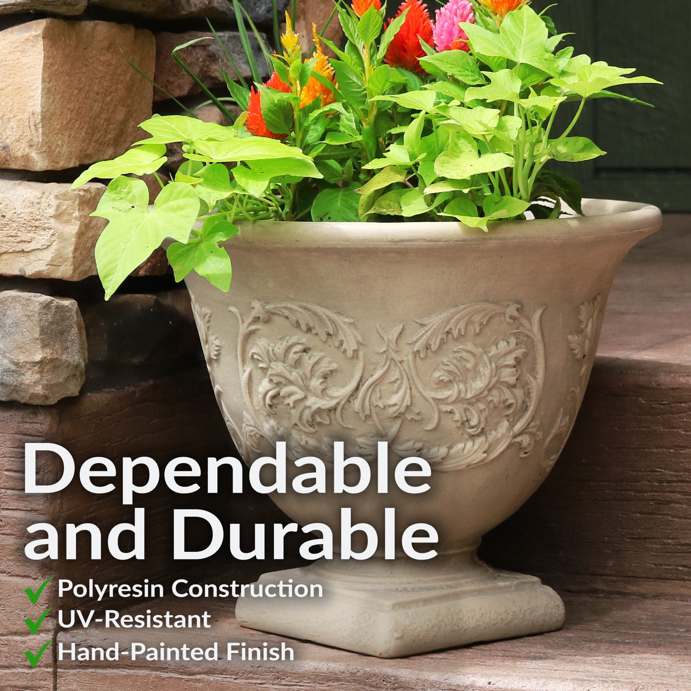 Sunnydaze Darcy 16" x 16" x 13" Round Beige Polyresin Outdoor Planter Pot 2-Count