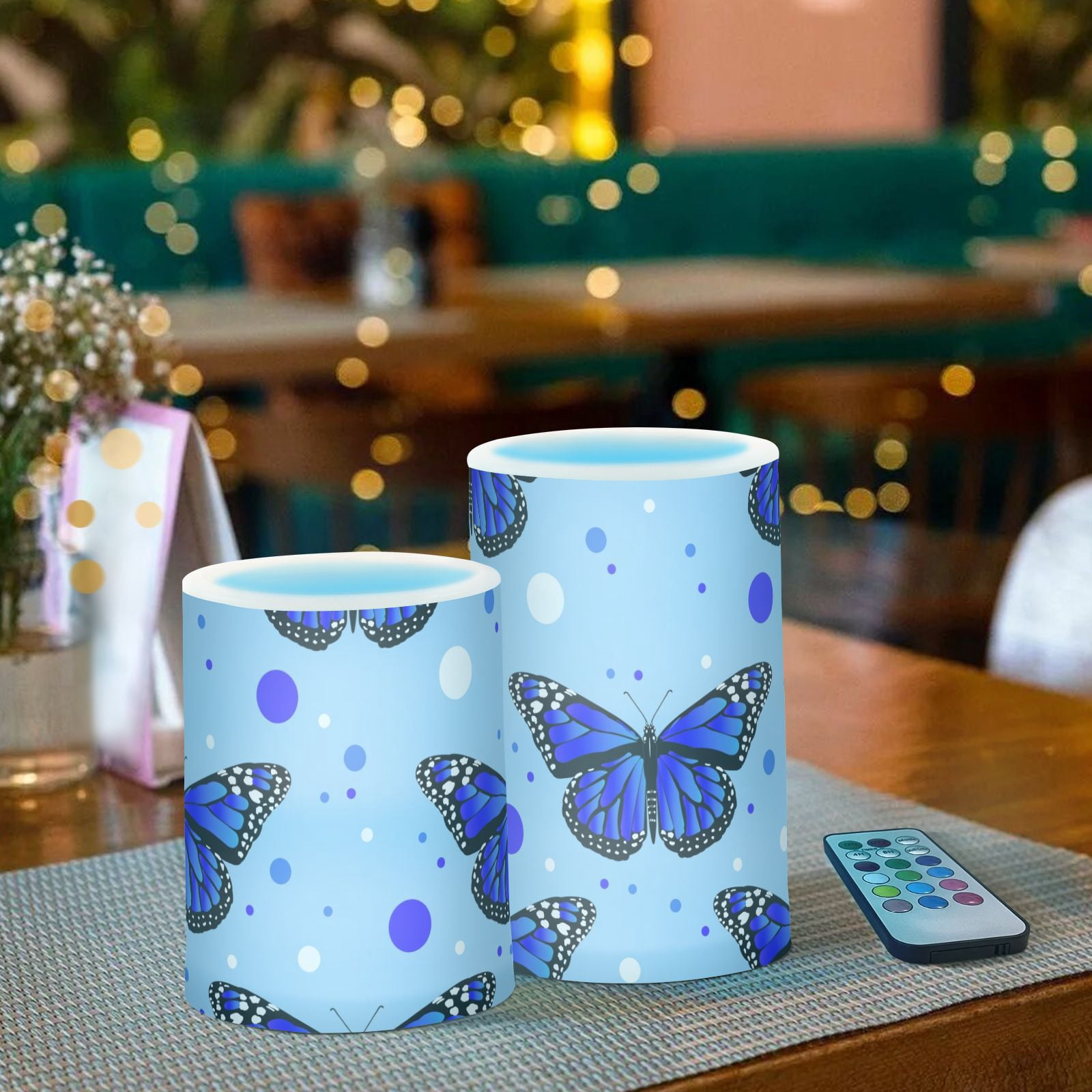 Blue Butterfly in Blue 2 PCS LED Flickering Flameless Candles with Remote Control Realistic 3D Wick LED Window Candles Sets for Wedding Table Home Decoration Gifts