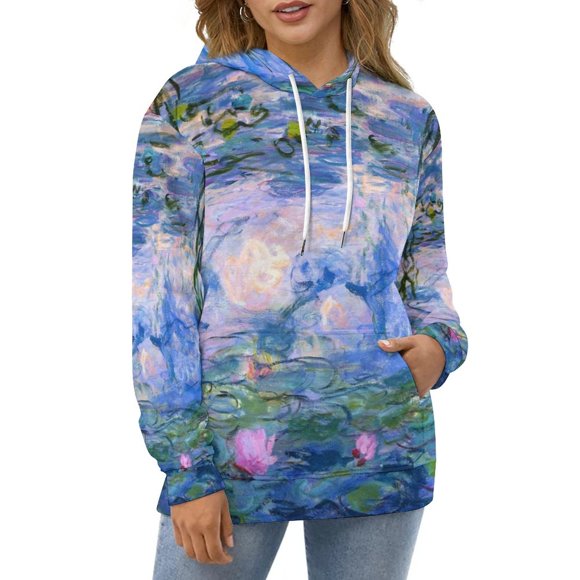 Water Lilies Streetwear Hoodies Printed Women Sweatshirt Autumn Winter Long Sleeve Pullovers Hooded Sweatshirt Claude Water