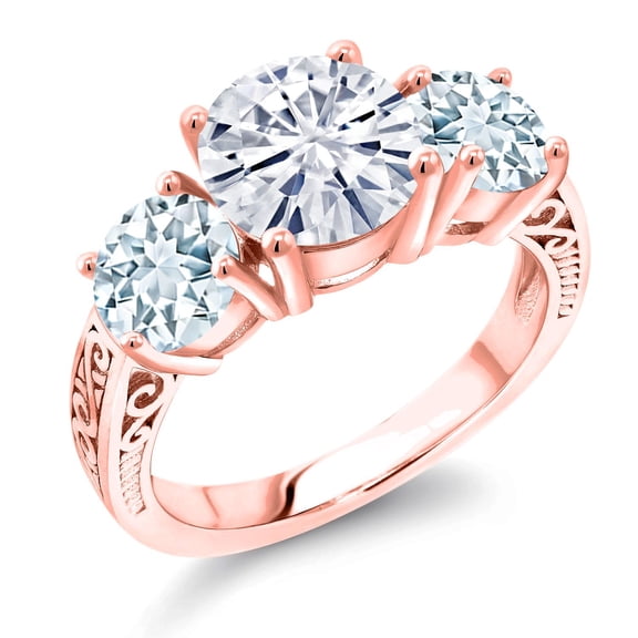 Gem Stone King 18K Rose Gold Plated Silver Sky Blue Aquamarine Ring Set with Moissanite (3.40 Cttw) (Size 7)