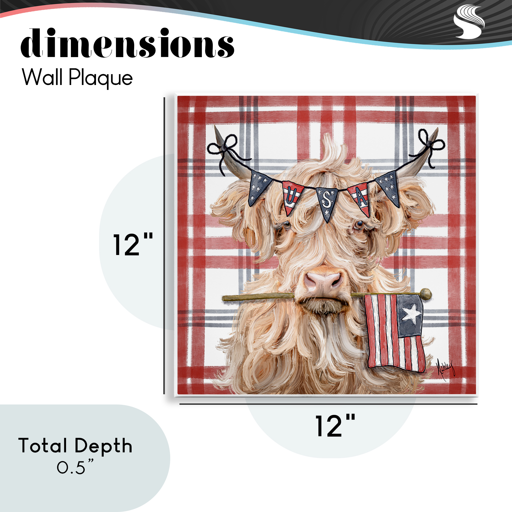 USA Plaid Highland Cattle Wall Plaque Art, design by Ashley Bradley