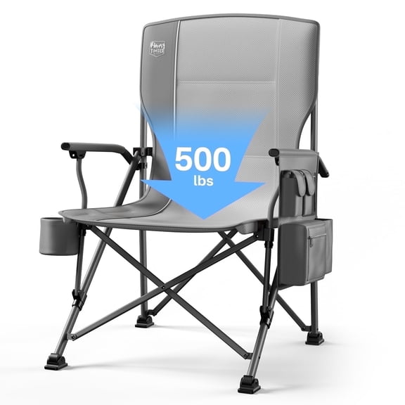 Timber Ridge Oversized Outdoor Folding Camping Chair, Heavy Duty High Back Chair with Cooler Bag, Cup Holder, Storage Pocket, Hard Armrest, Support 500 lbs, Dark Grey
