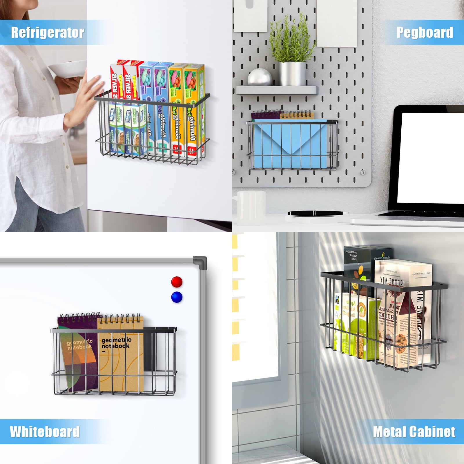 NiHome Magnetic Metal Basket Organizers 2PCS Medium & Small, Versatile Storage for Kitchen & Office Holds Up to 14 lbs, Easy Attach to Refrigerator or Any Magnetic Surface, Space-Saving Design(Black)