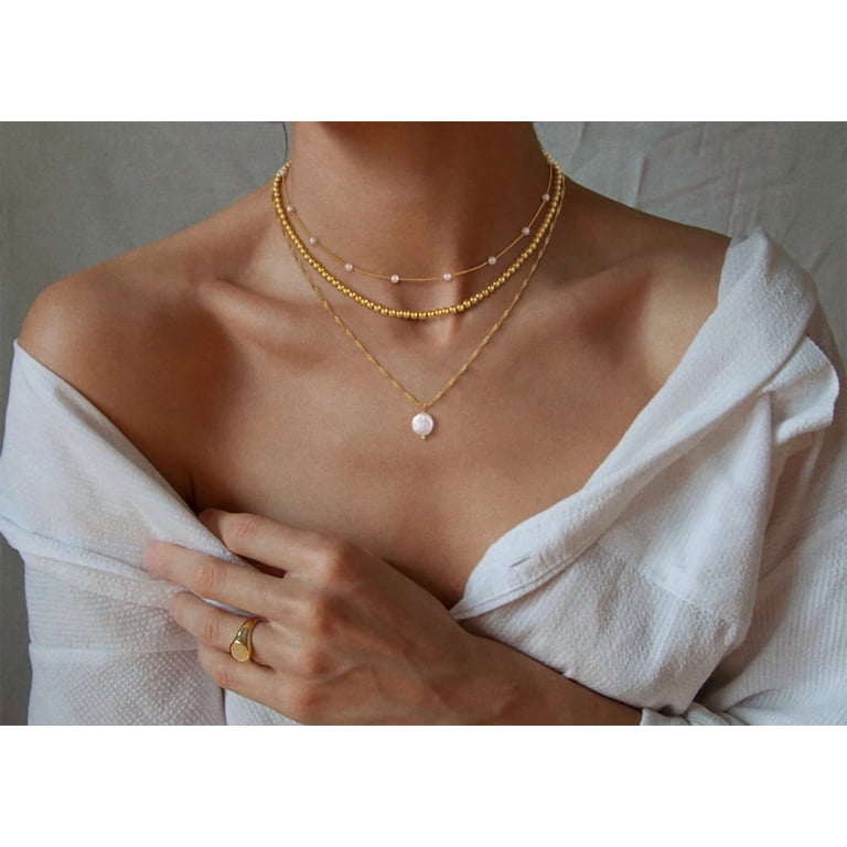 14k Gold Plated Layered Pearl Necklace For Women - Simple 3 Pearl Choker, Dainty Gold Jewelry Gift